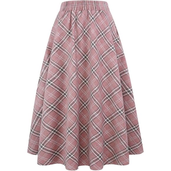 Womens Long Pink New Elastic Waist A-Line Pleated Tartan Long Plaid Wool Skirts - Picture 2 of 4